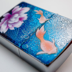 名入れ無料 ZIPPO　牡丹と金魚　ジッポ　ライター　箱付き　銀箔 3枚目の画像