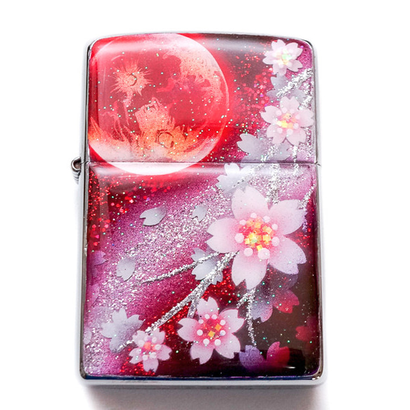 名入れ無料　ZIPPO 炎月と桜 ジッポ ライター 箱付き　銀箔 1枚目の画像