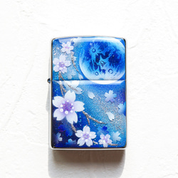 名入れ無料 手描き ZIPPO 蒼月と桜 ジッポ ライター 箱付き　銀箔 1枚目の画像