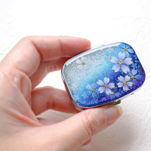免費刻名字方形首飾盒藥盒帶功能緊湊鏡面藍色櫻花銀葉含 第4張的照片