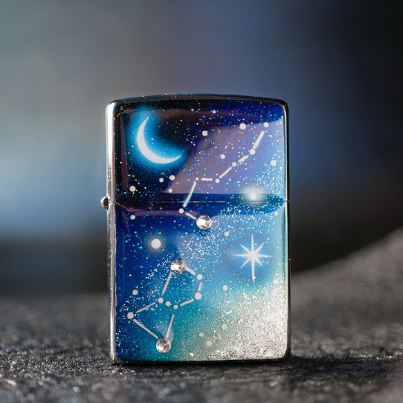 名入れ無料 ZIPPO 手描き オリオン座と北斗七星　ジッポ ライター ラインストーン 箱付き 銀箔 2枚目の画像