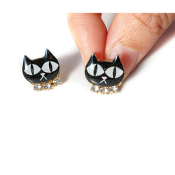 手繪貓臉寶石黑貓鈦合金耳環【耳環可用】 第3張的照片