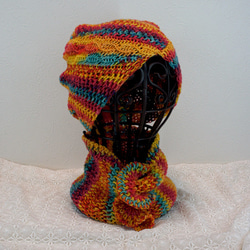 ストレッチ編みの、くしゅくしゅニット帽とネックウォーマーセット　ポップカラー系 2枚目の画像