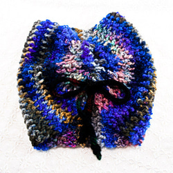 【新作】変り毛糸のリボン・ネックウォーマー　ブルー～紫系 5枚目の画像