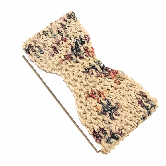 イタリア製毛糸 ストレッチ編みのリボン型ヘアバンド　ベージュMIX 1枚目の画像