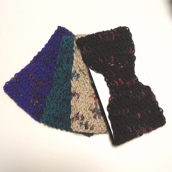 イタリア製毛糸 ストレッチ編みのリボン型ヘアバンド　ベージュMIX 3枚目の画像