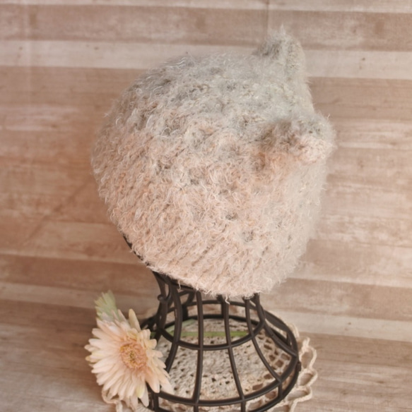 【送料無料】アラン編みのふわふわ猫耳ニット帽♛　 4枚目の画像