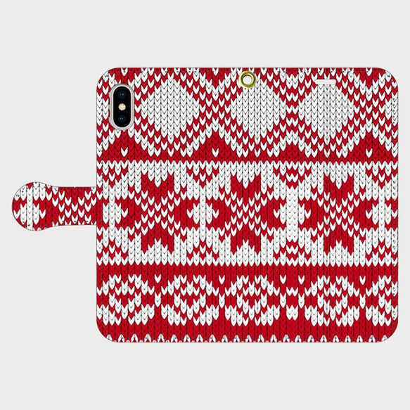 冬季限定　雪柄ニット　模様編みパターン　（レッド）　iphone　5s/6/6s/SE/7/8/X/XS　手帳型 1枚目の画像