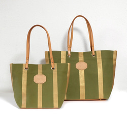 條紋手提包，配以帆布和棕褐色皮革M / Khaki環保袋My bag 第5張的照片