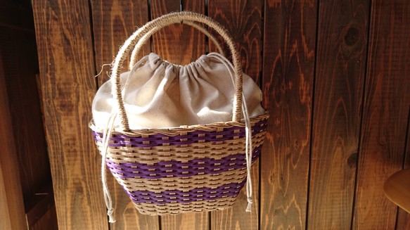 しましまミニかごバッグ(パープル) エコクラフト かごバッグ coco0024