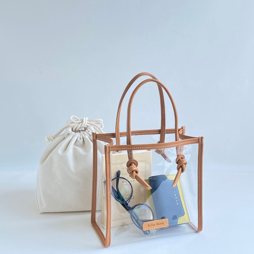 スクエアービニールバッグ 本革ハンドル トートバッグ Bolso