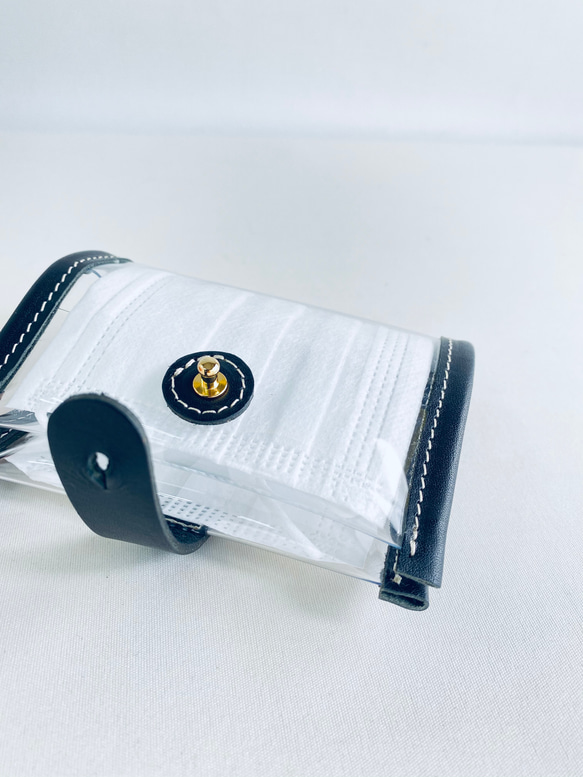 新作 ビニールポーチ　マスクケース　PVC＆本革　BLACK　コンパクトサイズ（受注生産） 2枚目の画像