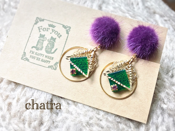 新作♡purplefarcabochon＊green♡retromodeイヤリング♡ 1枚目の画像