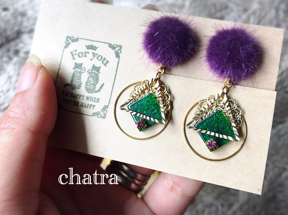 新作♡purplefarcabochon＊green♡retromodeイヤリング♡ 3枚目の画像