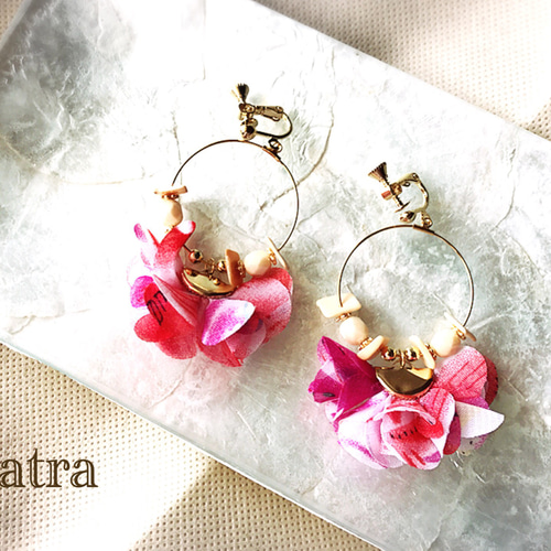 再販♡新作♡chiffonflower＆shell＊orangepink イヤリング