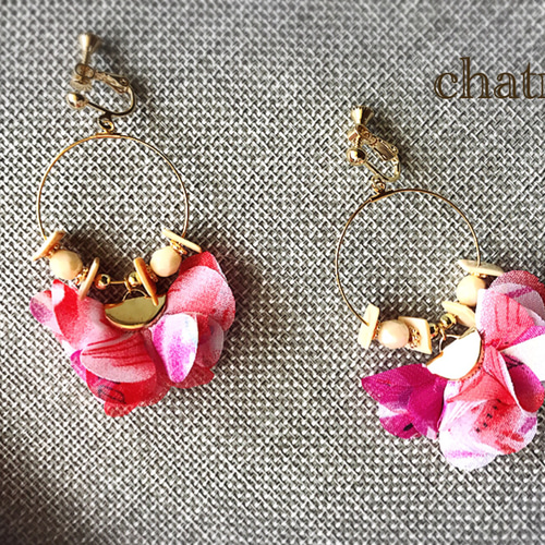 再販♡新作♡chiffonflower＆shell＊orangepink イヤリング  