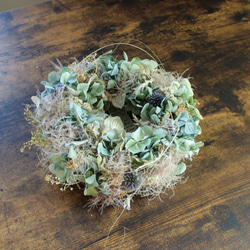 【エイジング】「ソーダ水」wreath   　ブルーグリーンのアジサイとスモークツリーのリース　ドライフラワー 3枚目の画像
