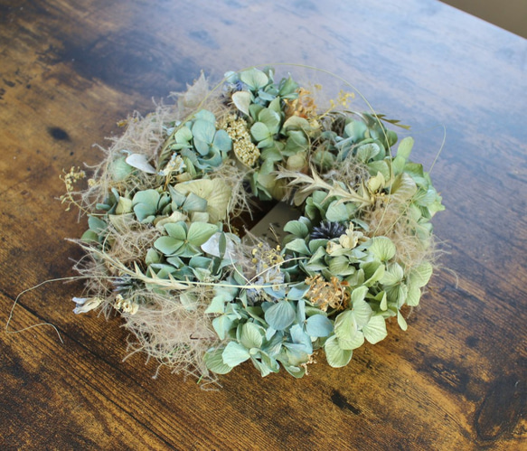 【エイジング】「ソーダ水」wreath   　ブルーグリーンのアジサイとスモークツリーのリース　ドライフラワー 5枚目の画像