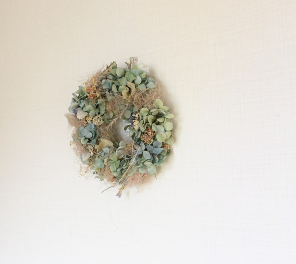 【エイジング】「ソーダ水」wreath   　ブルーグリーンのアジサイとスモークツリーのリース　ドライフラワー 6枚目の画像
