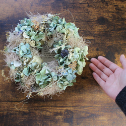 【エイジング】「ソーダ水」wreath   　ブルーグリーンのアジサイとスモークツリーのリース　ドライフラワー 8枚目の画像