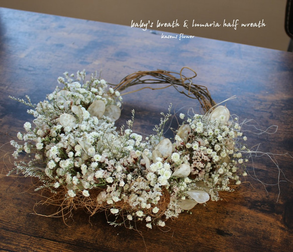 ＊受注製作＊　「花筵」half wreath 　かすみ草とルナリアのハーフリース　桜　ドライフラワーリース　 4枚目の画像