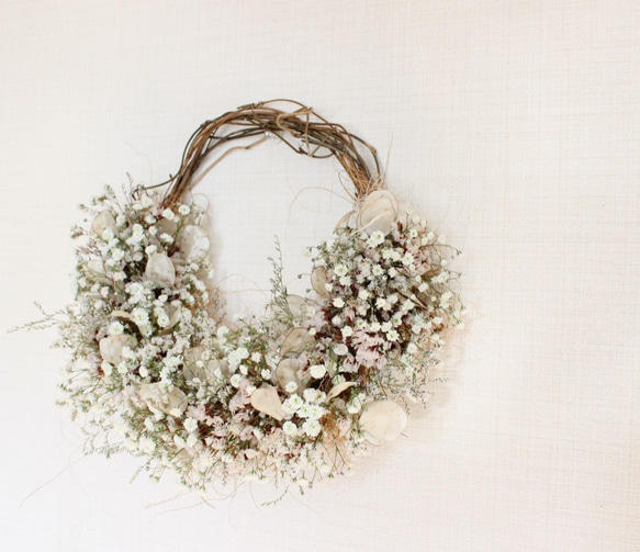 ＊受注製作＊　「花筵」half wreath 　かすみ草とルナリアのハーフリース　桜　ドライフラワーリース　 5枚目の画像