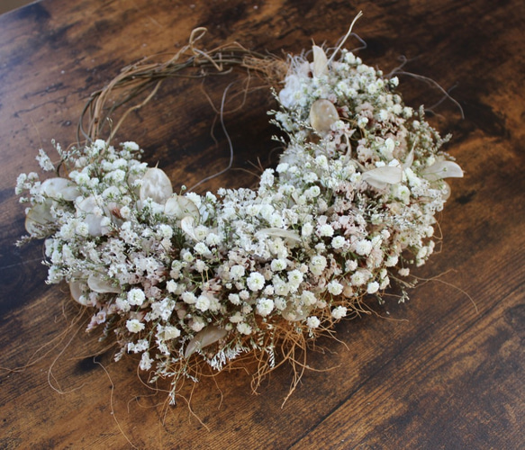 ＊受注製作＊　「花筵」half wreath 　かすみ草とルナリアのハーフリース　桜　ドライフラワーリース　 6枚目の画像