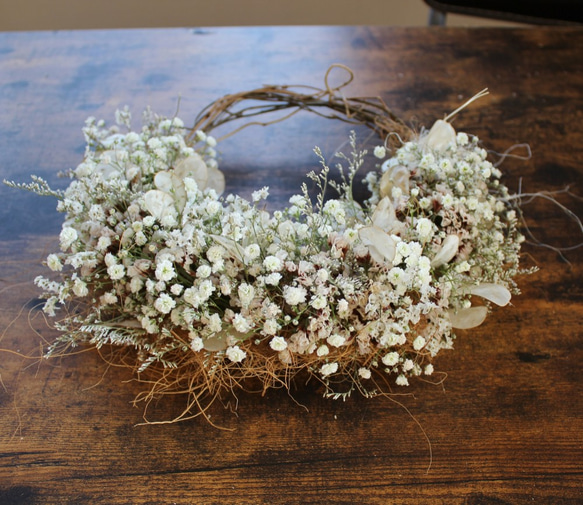 ＊受注製作＊　「花筵」half wreath 　かすみ草とルナリアのハーフリース　桜　ドライフラワーリース　 7枚目の画像