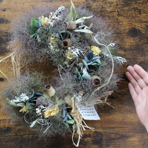 SOLD スモークツリー と 紫陽花 のアシンメトリーなリース