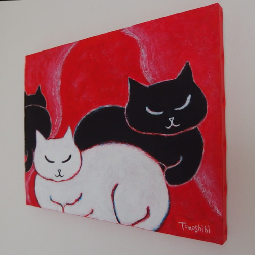 原画 「箱座りの白ねこ黒ねこ」F6号＃絵画 ＃ねこ ＃猫の絵 ＃黒猫