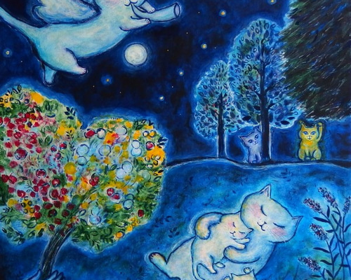 原画 「祝福の夜」 F10号 ＃猫の絵 ＃ねこ ＃星空 ＃天使猫の絵