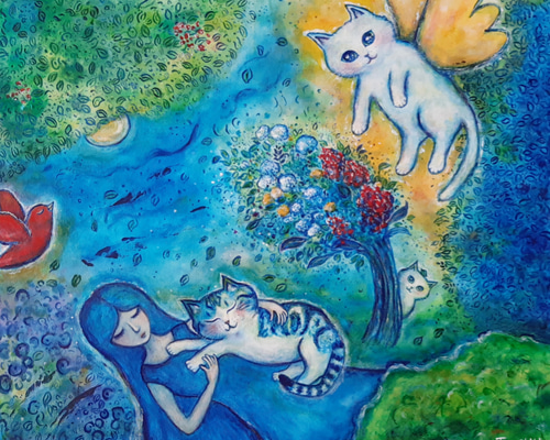 人気商品！】 絵画。原画【神秘的な花の基地で、猫ちゃんたちは