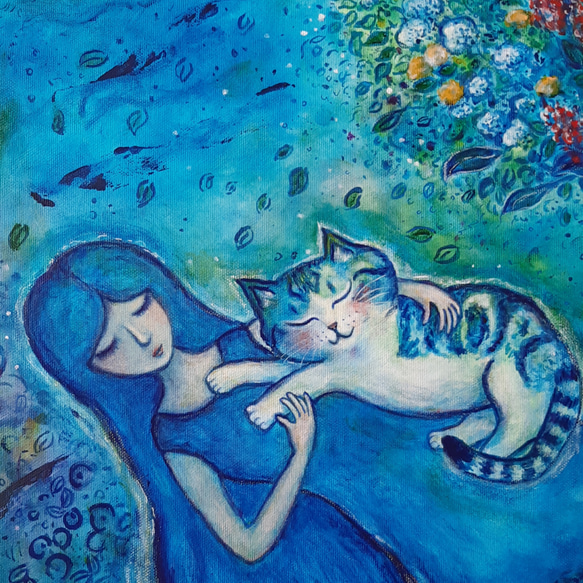 原画 「Surrounded by Love」 F10号 ＃猫の絵 ＃ねこ ＃シャガールへのオマージュ ＃天使猫 ＃花束 3枚目の画像