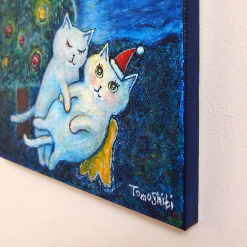 原画 「ネコと天使猫と聖夜の流星群」 F6号 ＃猫の絵＃天使猫の