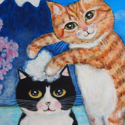 原画「ハチワレ猫と小鳥のポップ アート グリーンバージョン