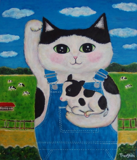 原画 「マキバの大招き猫と子牛ちゃん」 F10号 ＃絵画 ＃丑年の