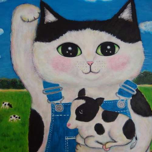 原画 「マキバの大招き猫と子牛ちゃん」 F10号 ＃絵画 ＃丑年の