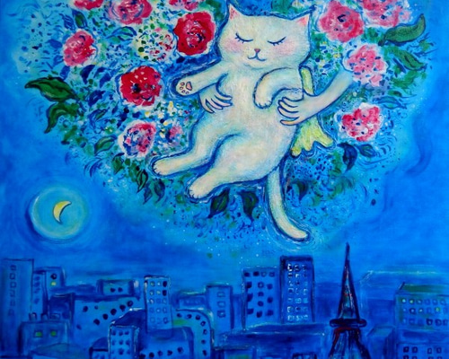 原画 「再会の夜（シャガールへのオマージュ）」 F10号 ＃絵画 ＃ねこ