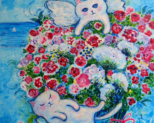 原画 「天国に愛の花束が届く日に」 F10号 ＃絵画 ＃ねこ ＃猫の絵