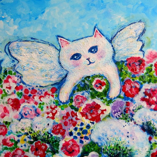 原画 「カラフルな花束を持った白猫」 F10号 ＃絵画 ＃ねこ ＃猫