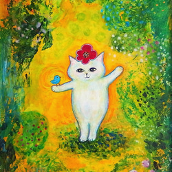 油絵　マミ　白猫とバービーちゃんのような私とプルメリア 0_97bff8d18939398c5e127cbc1bf6