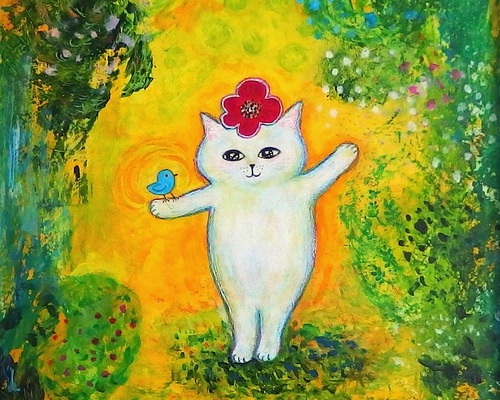 原画「秘密の森の白猫さんと青い鳥」（ホワイトフレーム） ＃絵画