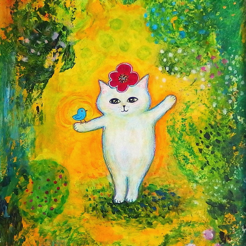 原画「秘密の森の白猫さんと青い鳥」（ホワイトフレーム） ＃絵画