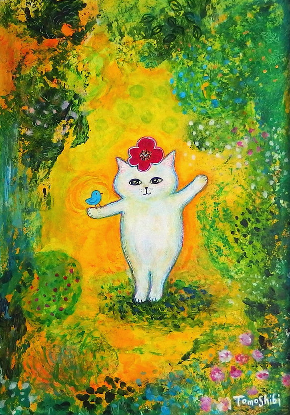 原画「秘密の森の白猫さんと青い鳥」（ホワイトフレーム） ＃絵画