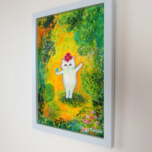 原画「秘密の森の白猫さんと青い鳥」（ホワイトフレーム） ＃絵画