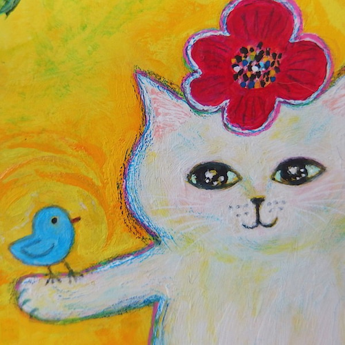 原画「秘密の森の白猫さんと青い鳥」（ホワイトフレーム） ＃絵画