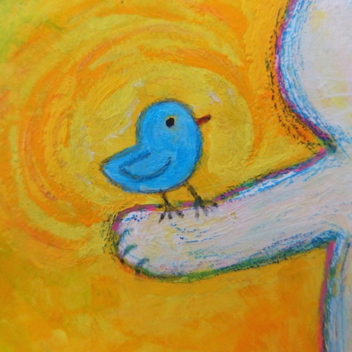 原画「秘密の森の白猫さんと青い鳥」（ホワイトフレーム） ＃絵画