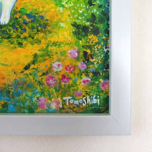 原画「秘密の森の白猫さんと青い鳥」（ホワイトフレーム） ＃絵画