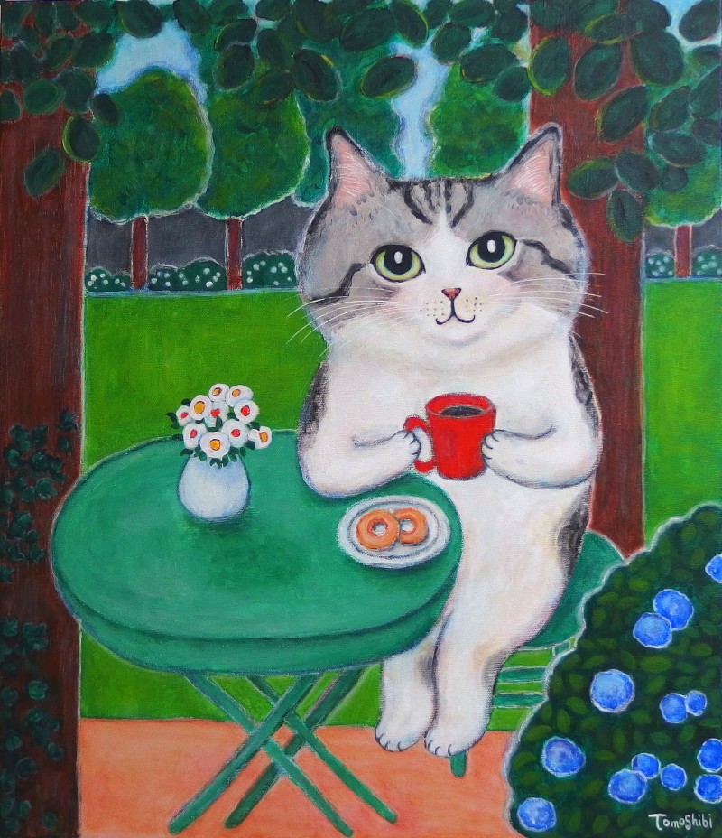 猫　サーフィン　サバトラ　とら猫　サーファー猫　夏　日本画　絵画　原画　海 猫 サーフィン サバトラ とら猫 サーファー猫 夏 日本画 絵画