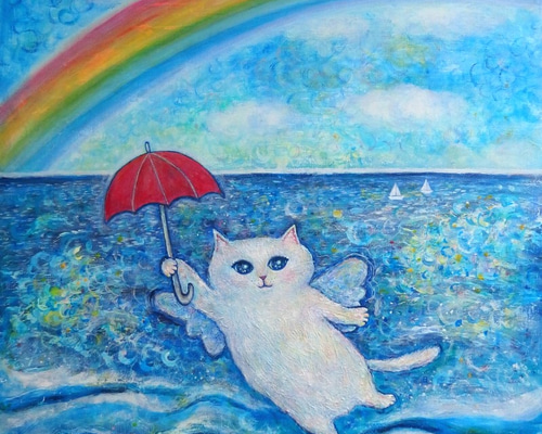 絵画。原画【ラベンダーの花の海に白い猫と星の願い】 ac9db7f1f123bbfe509359b78d0d1e